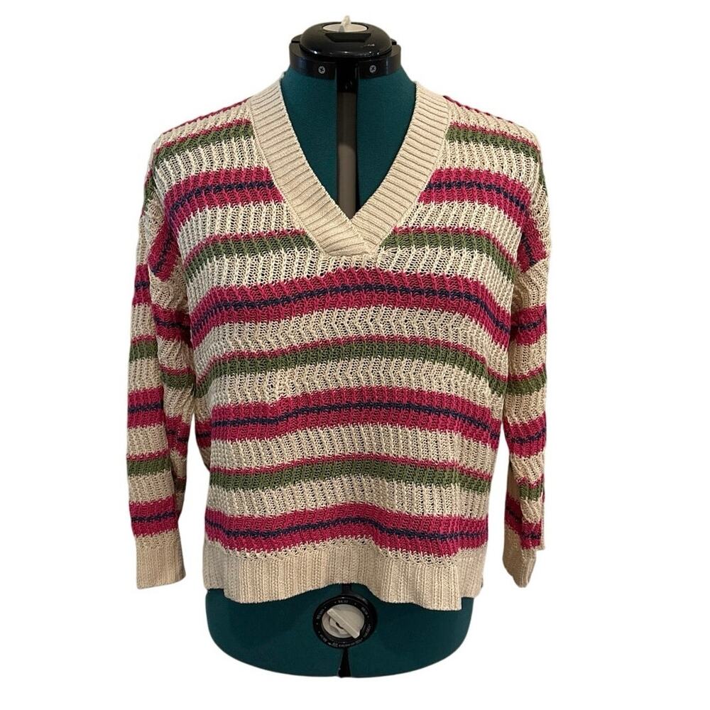Loft Beige Red Green‎ Textured Striped V Neck Sweater Size Small Acrylic NWT